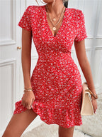 Women's Woven V Neck Short Sleeve Printed Dress