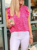 Women's Leopard Print Tie Neck Flutter Sleeve Blouse