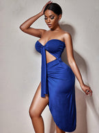 Women's Solid Color Strapless Wrap Front Tie Cutout Slit Midi Dress
