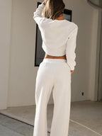 Women's two piece set round neck long sleeve wide leg pants