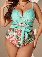Large size sexy printed hip-covering strappy one-piece swimsuit