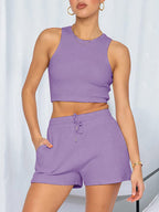 Women's new loose solid color casual sleeveless shorts suit