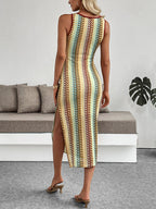 Colorful striped crochet crew neck vest sleeveless slim dress
