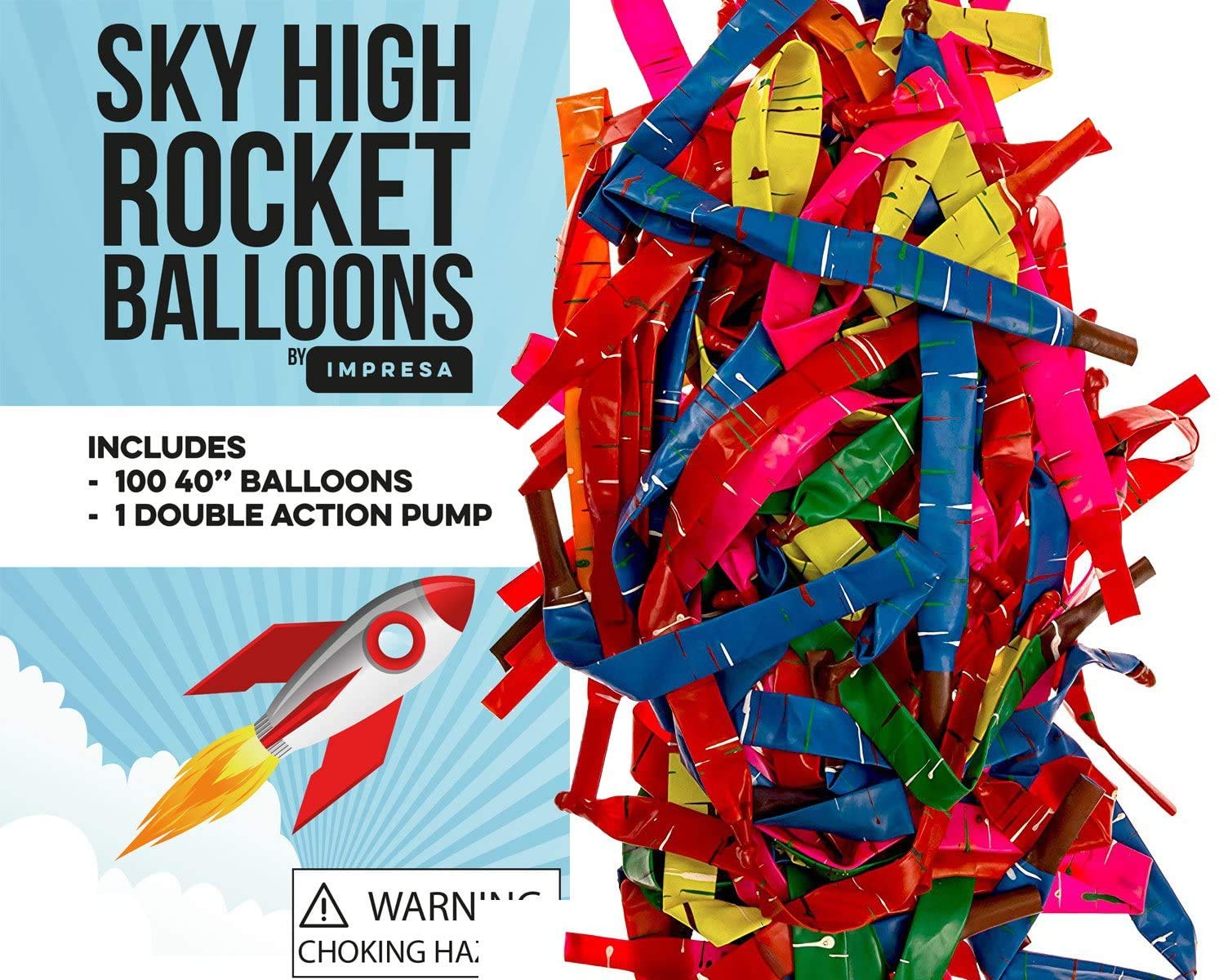 IMPRESA Flying Balloon Rockets – 100-Pack with Hand Pump, Extra-Long Screamer Balloons, Assorted Colors