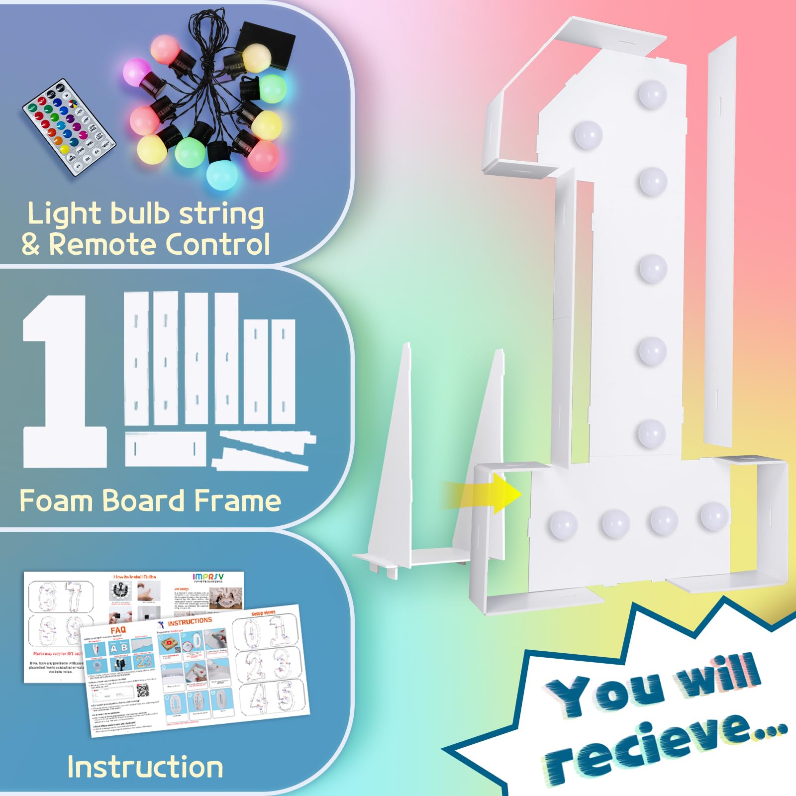 imprsv 4FT Colorful Marquee Numbers with Remote – 18 Colors Light Up Sign Kit