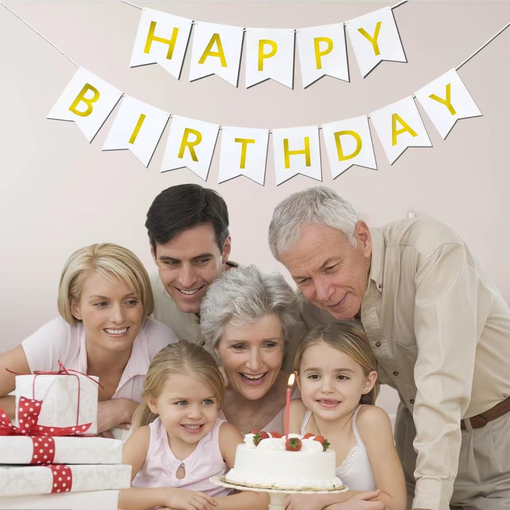 Imtively Happy Birthday Banner – White & Gold Decor, Dovetail Cards, 5m Ribbon, Easy Assembly