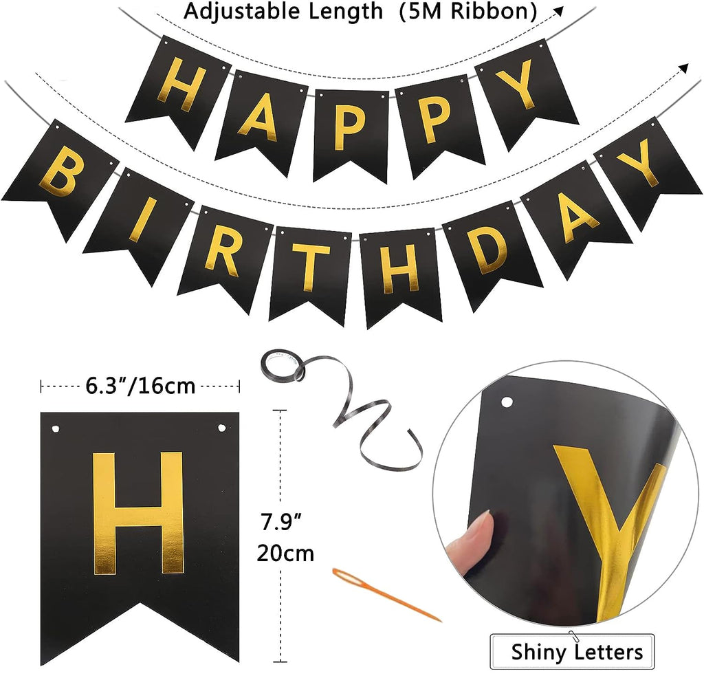 Imtively Happy Birthday Banner - Black and Gold Backdrop Decor for Parties