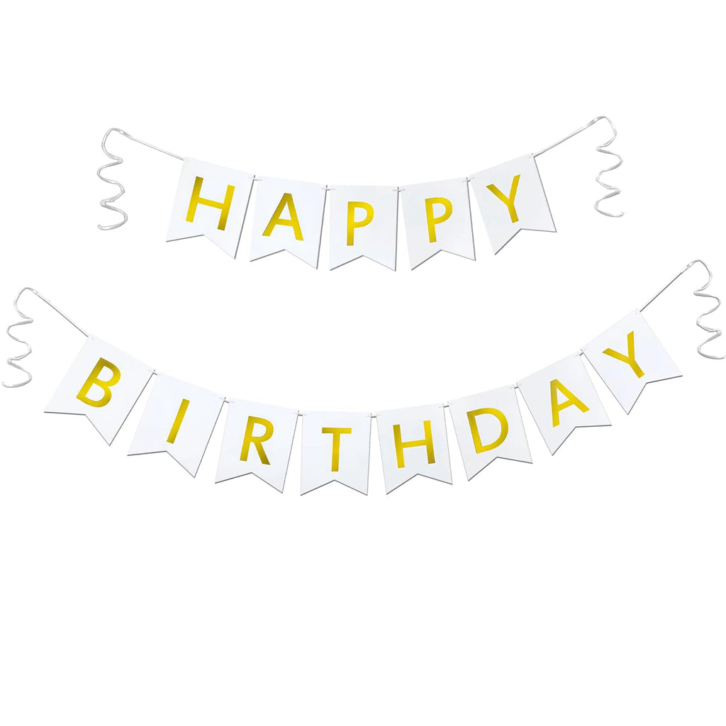 Imtively Happy Birthday Banner – White & Gold Decor, Dovetail Cards, 5m Ribbon, Easy Assembly