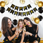 Imtively Happy Birthday Banner - Black and Gold Backdrop Decor for Parties