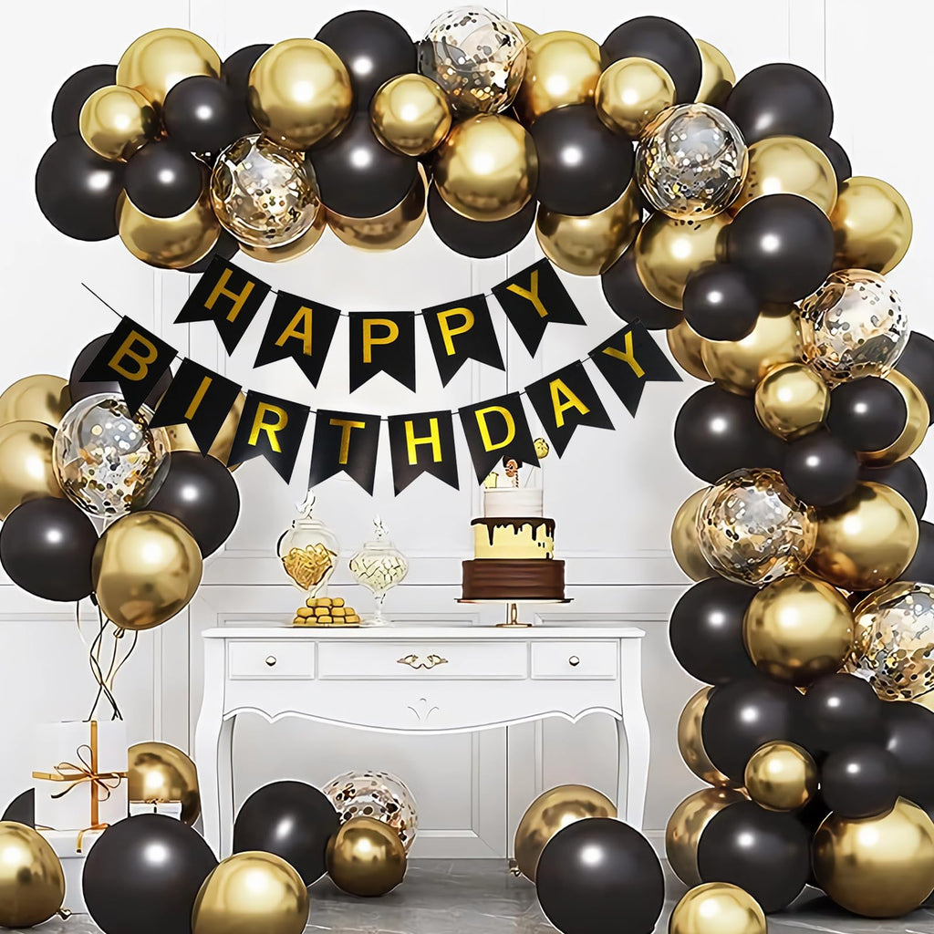 Imtively Happy Birthday Banner - Black and Gold Backdrop Decor for Parties
