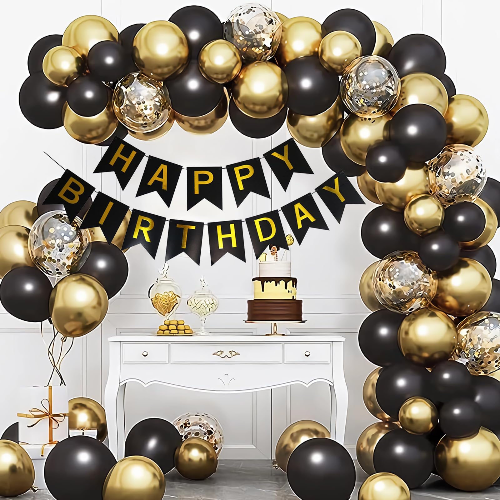 Imtively Happy Birthday Banner - Black and Gold Backdrop Decor for Parties