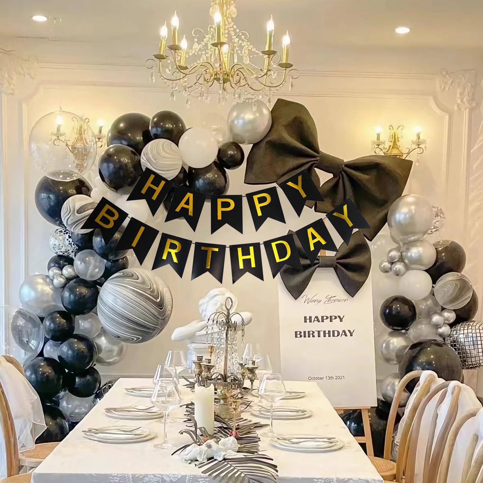 Imtively Happy Birthday Banner - Black and Gold Backdrop Decor for Parties