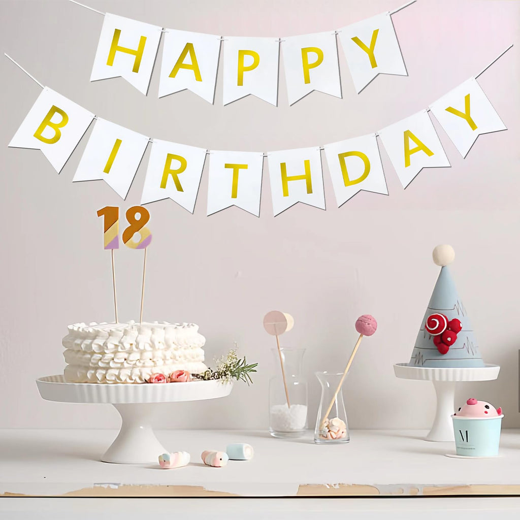 Imtively Happy Birthday Banner – White & Gold Decor, Dovetail Cards, 5m Ribbon, Easy Assembly