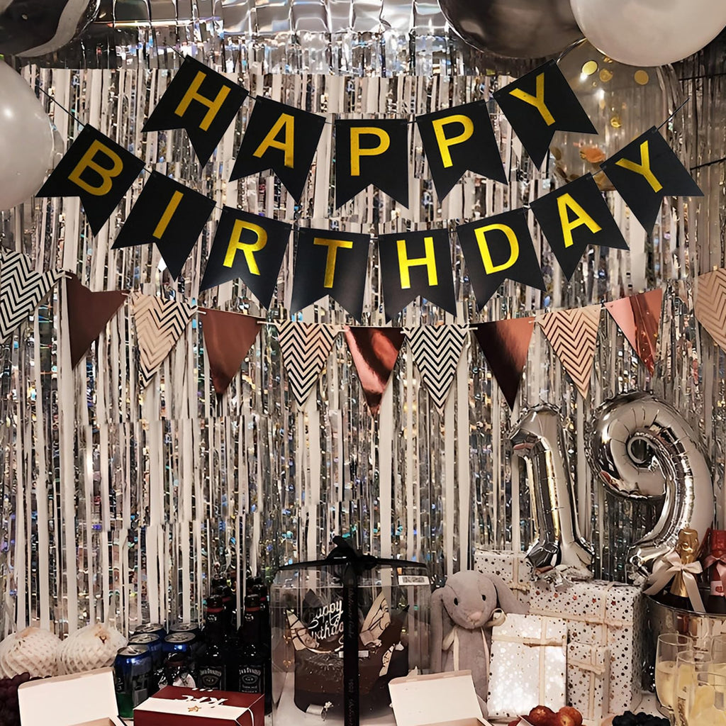 Imtively Happy Birthday Banner - Black and Gold Backdrop Decor for Parties