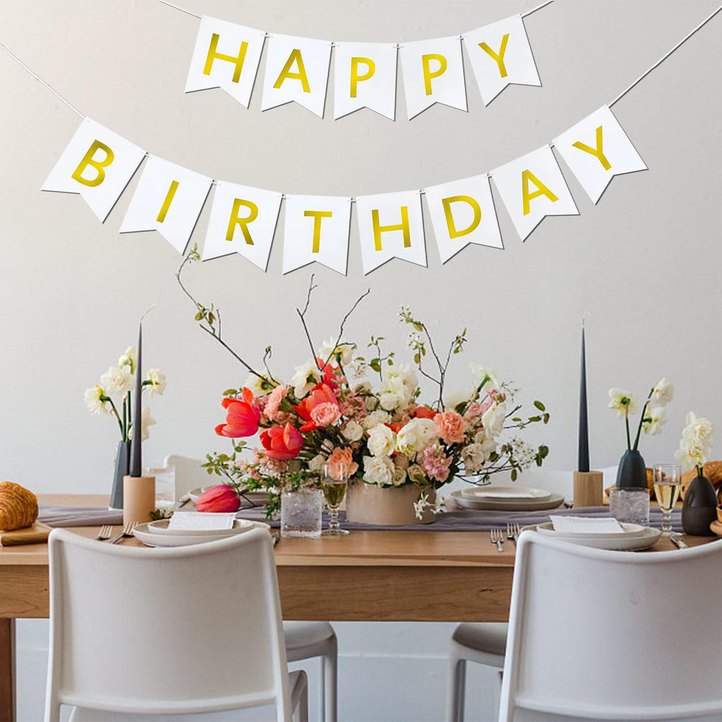 Imtively Happy Birthday Banner – White & Gold Decor, Dovetail Cards, 5m Ribbon, Easy Assembly