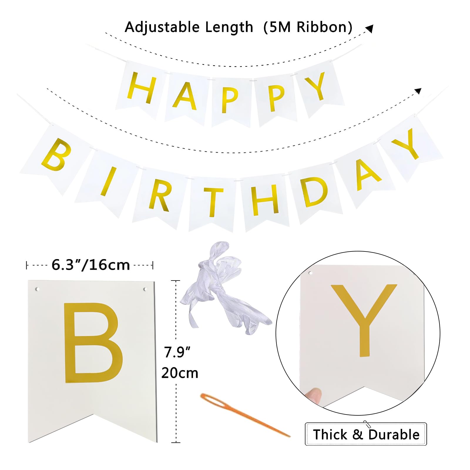 Imtively Happy Birthday Banner – White & Gold Decor, Dovetail Cards, 5m Ribbon, Easy Assembly