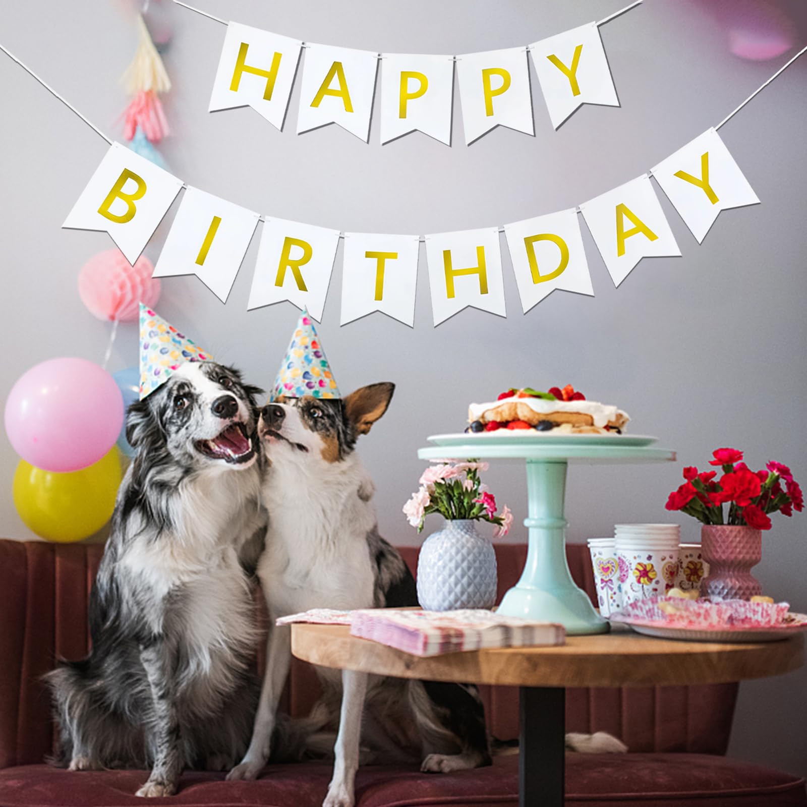 Imtively Happy Birthday Banner – White & Gold Decor, Dovetail Cards, 5m Ribbon, Easy Assembly