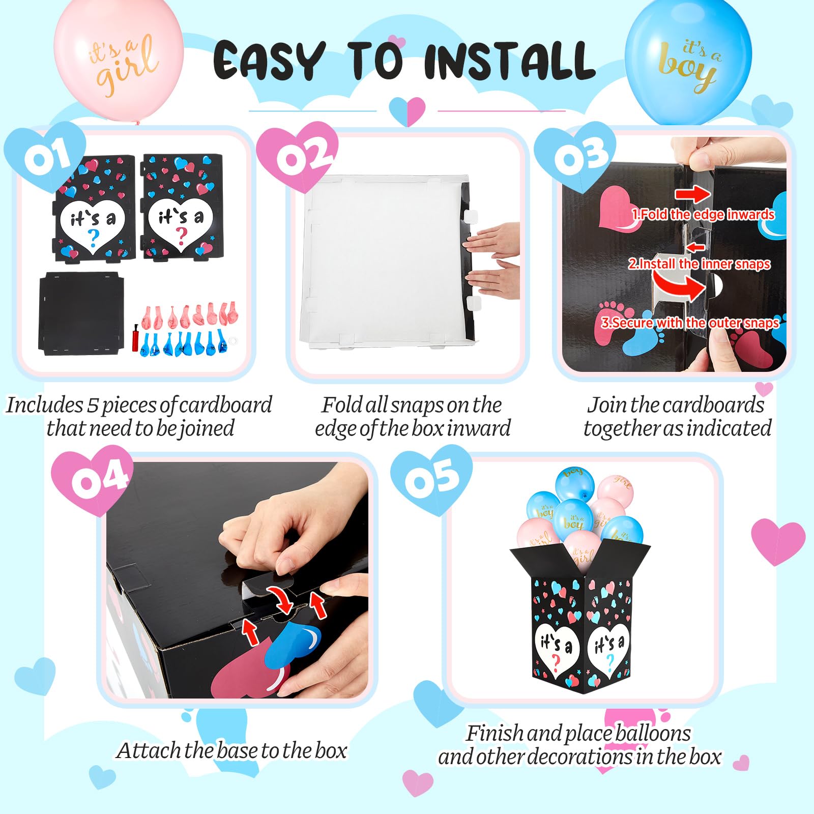 Ireer Gender Reveal Balloon Box with 16 Latex Balloons – Easy Assembly & Party Decor