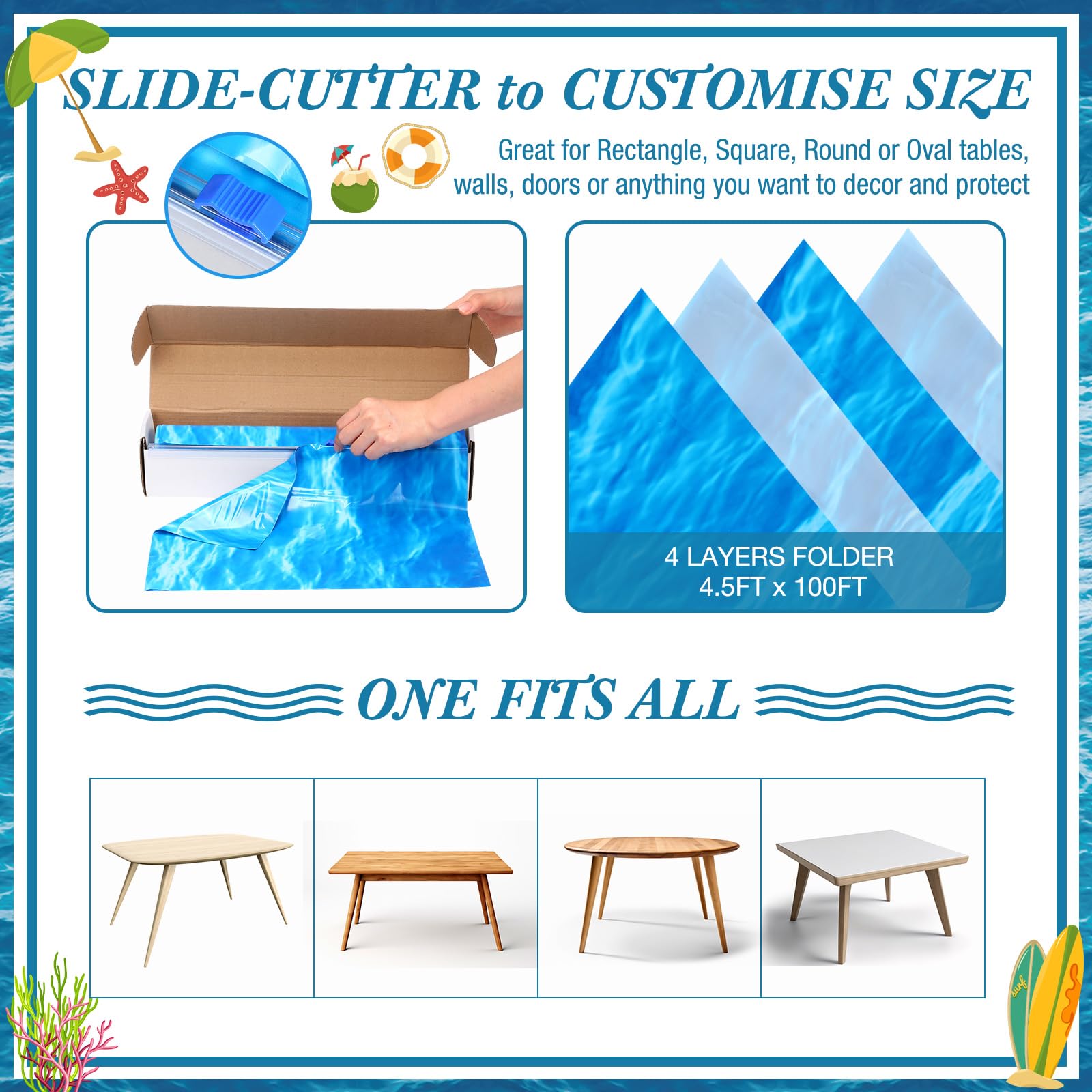 Irenare Ocean Waves Tablecloth 54in x 100ft – Waterproof PE Plastic Table Cover for Beach & Pool Parties