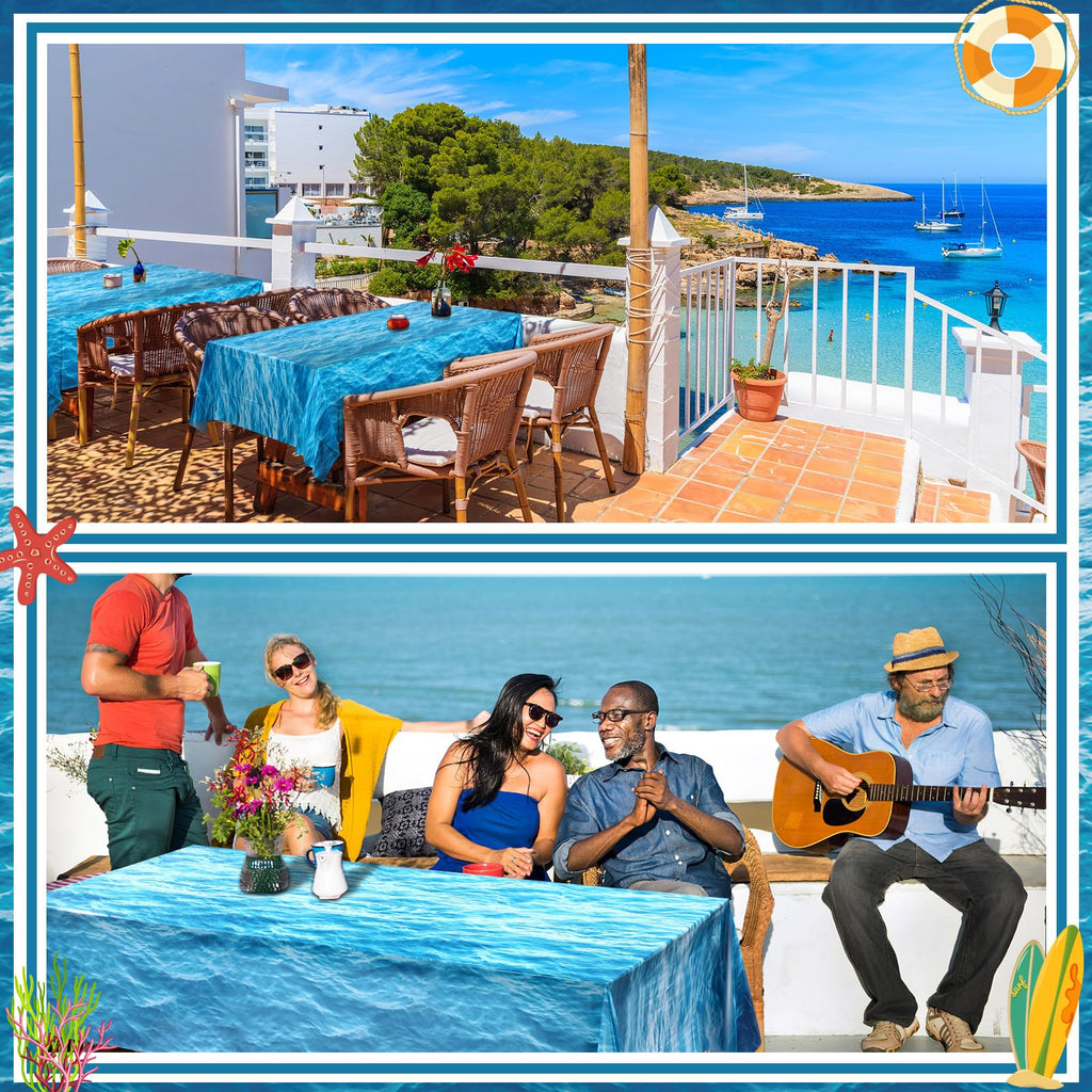 Irenare Ocean Waves Tablecloth 54in x 100ft – Waterproof PE Plastic Table Cover for Beach & Pool Parties