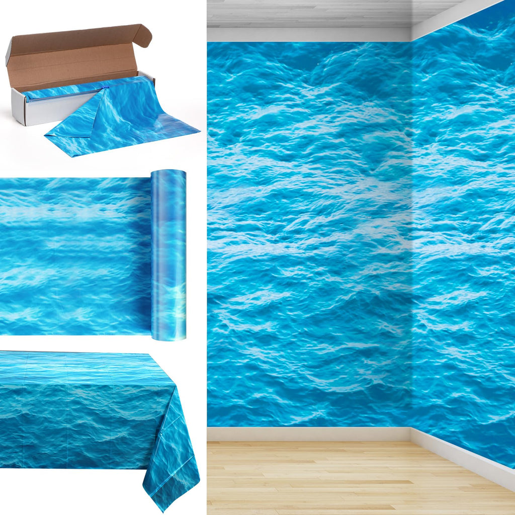 Irenare Ocean Waves Tablecloth 54in x 100ft – Waterproof PE Plastic Table Cover for Beach & Pool Parties