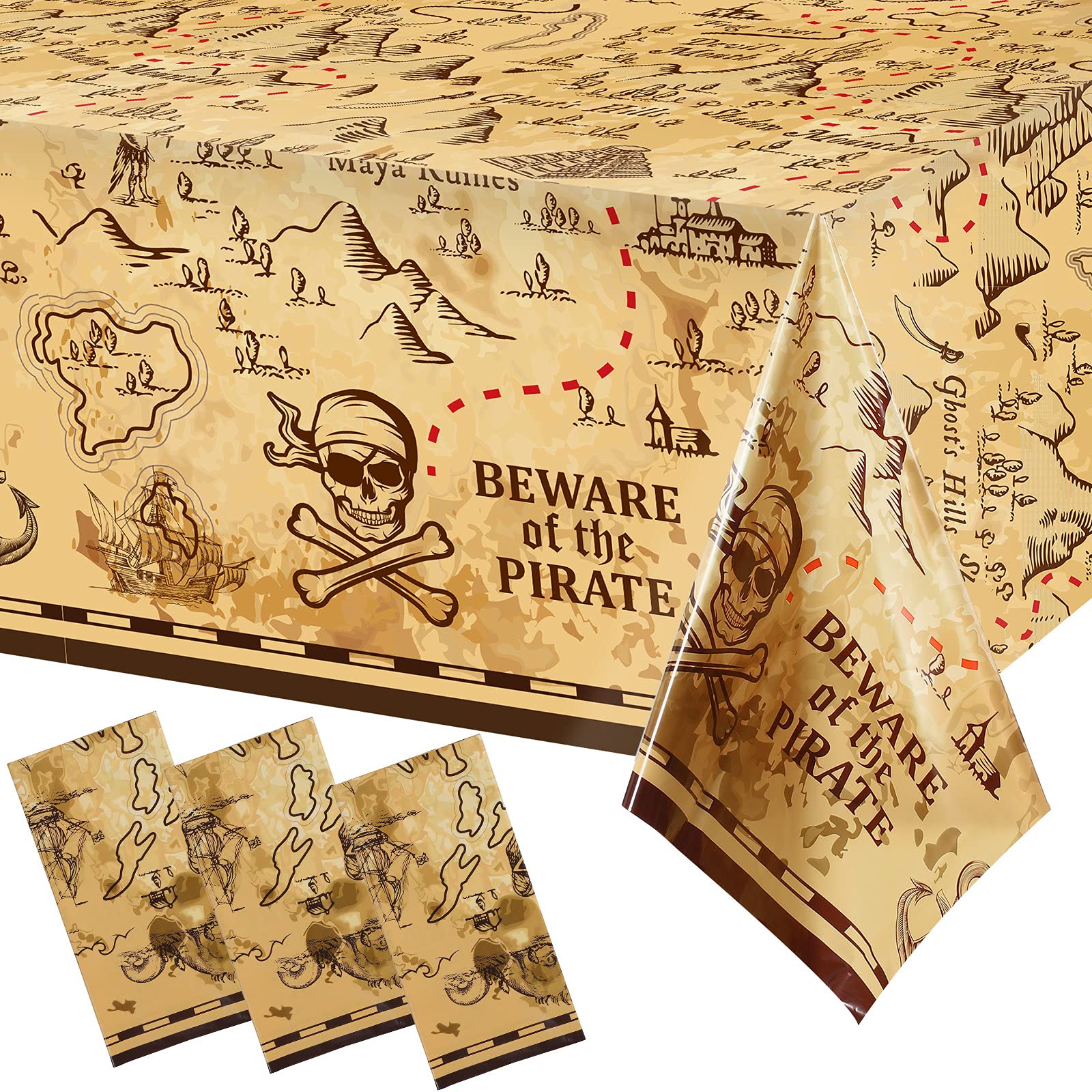 Irenare 3 Pieces Pirate Tablecloth – 54 x 108 in Treasure Map Island Party Decor