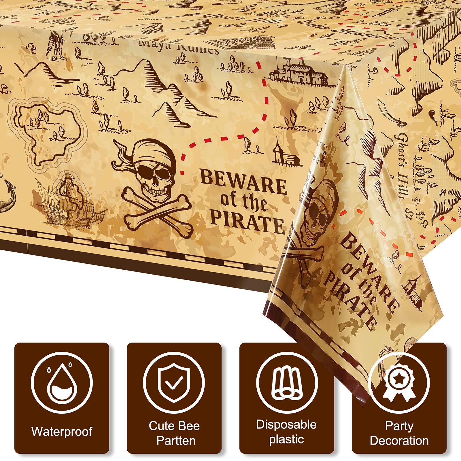 Irenare 3 Pieces Pirate Tablecloth – 54 x 108 in Treasure Map Island Party Decor