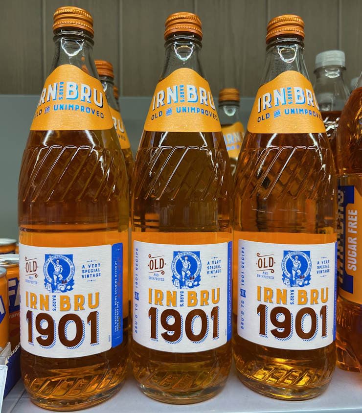 SCOTLANDS NATIONAL SODA DRINK - 3 IRN BRU 1901 ORIGINAL RECIPE GLASS BOTTLE