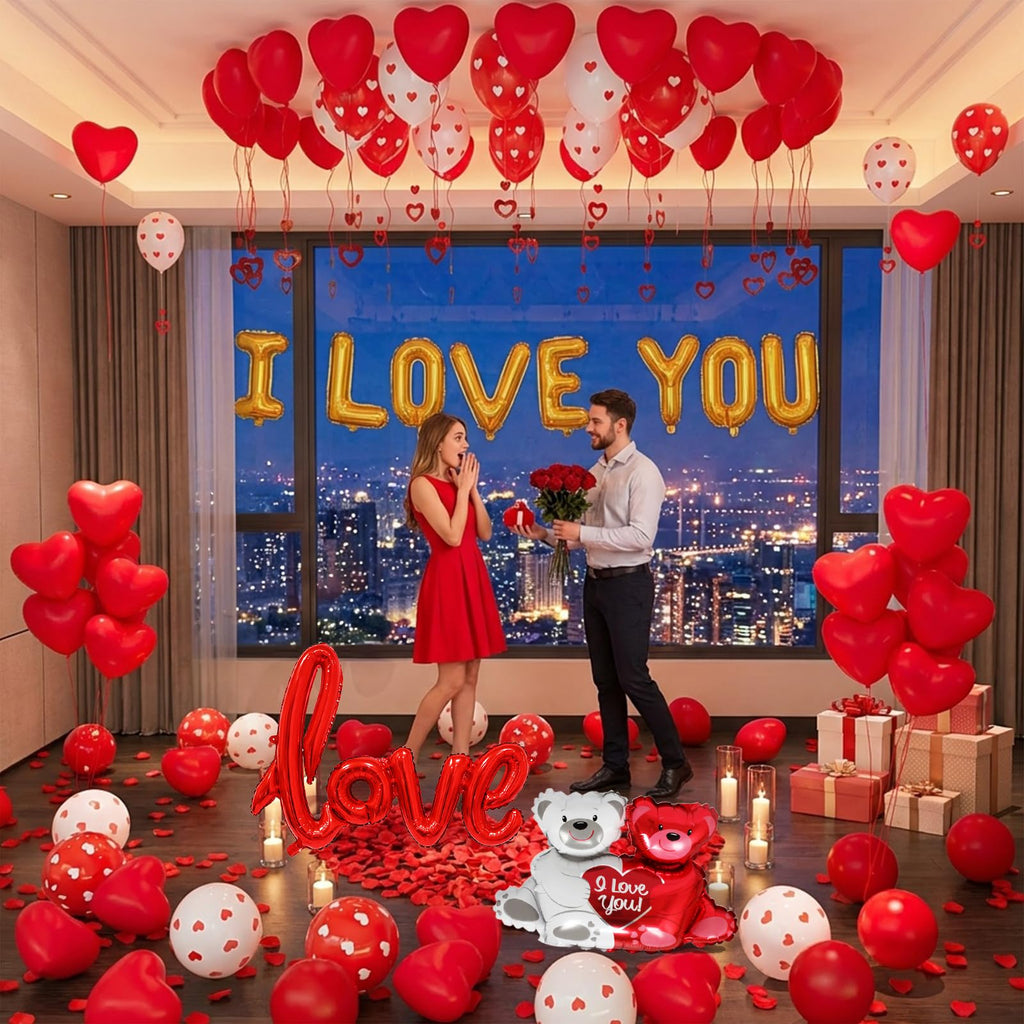 IROUHOR Valentines Day Balloons Decorations Kit – I Love You & Heart Balloons with 1000 Red Silk Petals