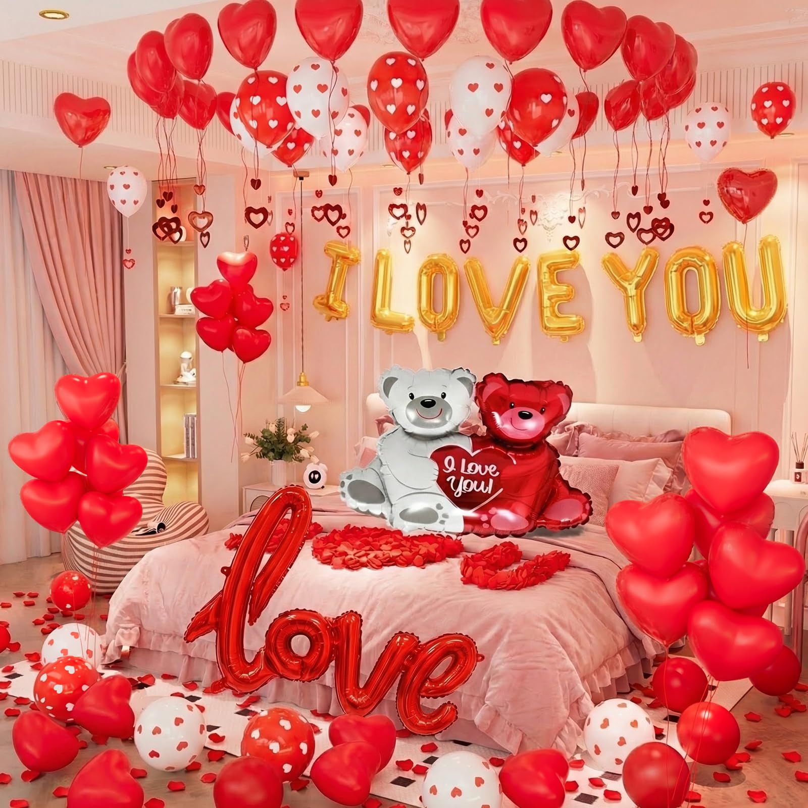 IROUHOR Valentines Day Balloons Decorations Kit – I Love You & Heart Balloons with 1000 Red Silk Petals