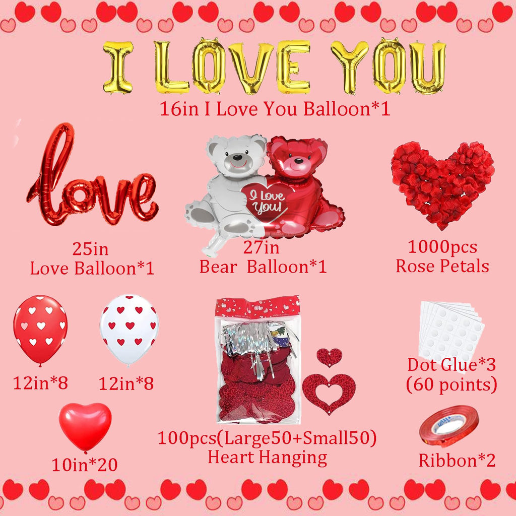 IROUHOR Valentines Day Balloons Decorations Kit – I Love You & Heart Balloons with 1000 Red Silk Petals