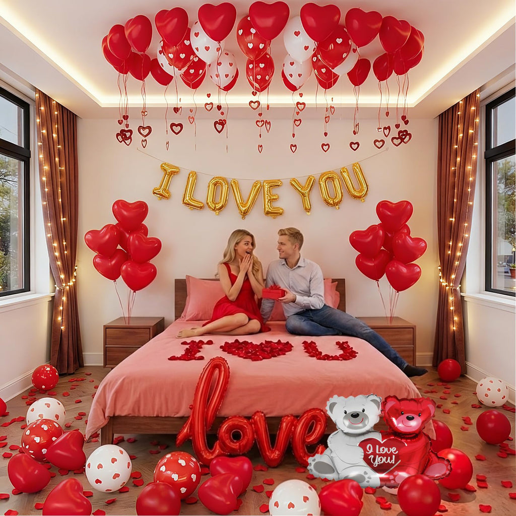 IROUHOR Valentines Day Balloons Decorations Kit – I Love You & Heart Balloons with 1000 Red Silk Petals