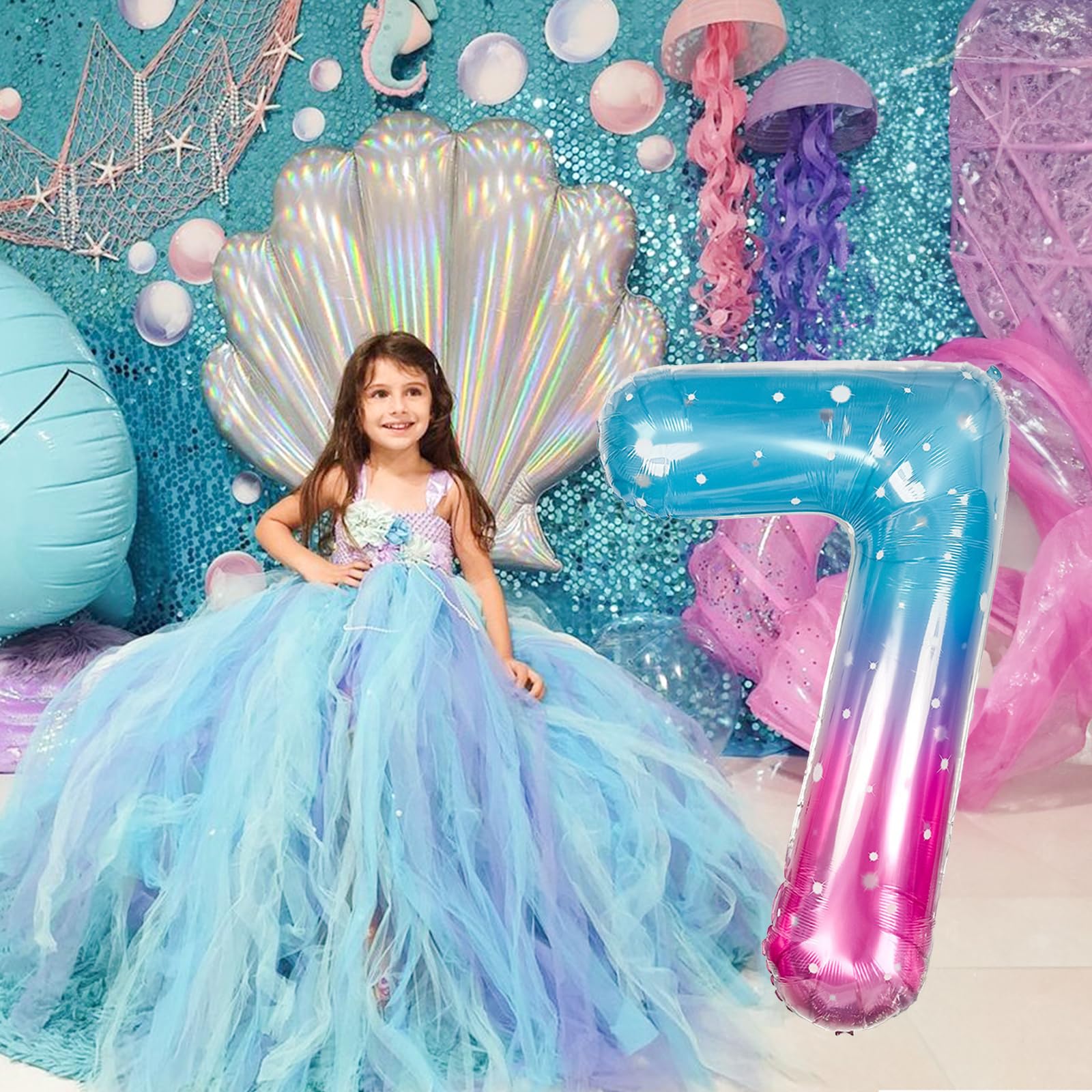 Isndare 40 Inch Mermaid Number 7 Balloon – Large Blue Pink Mylar Foil Birthday Balloons