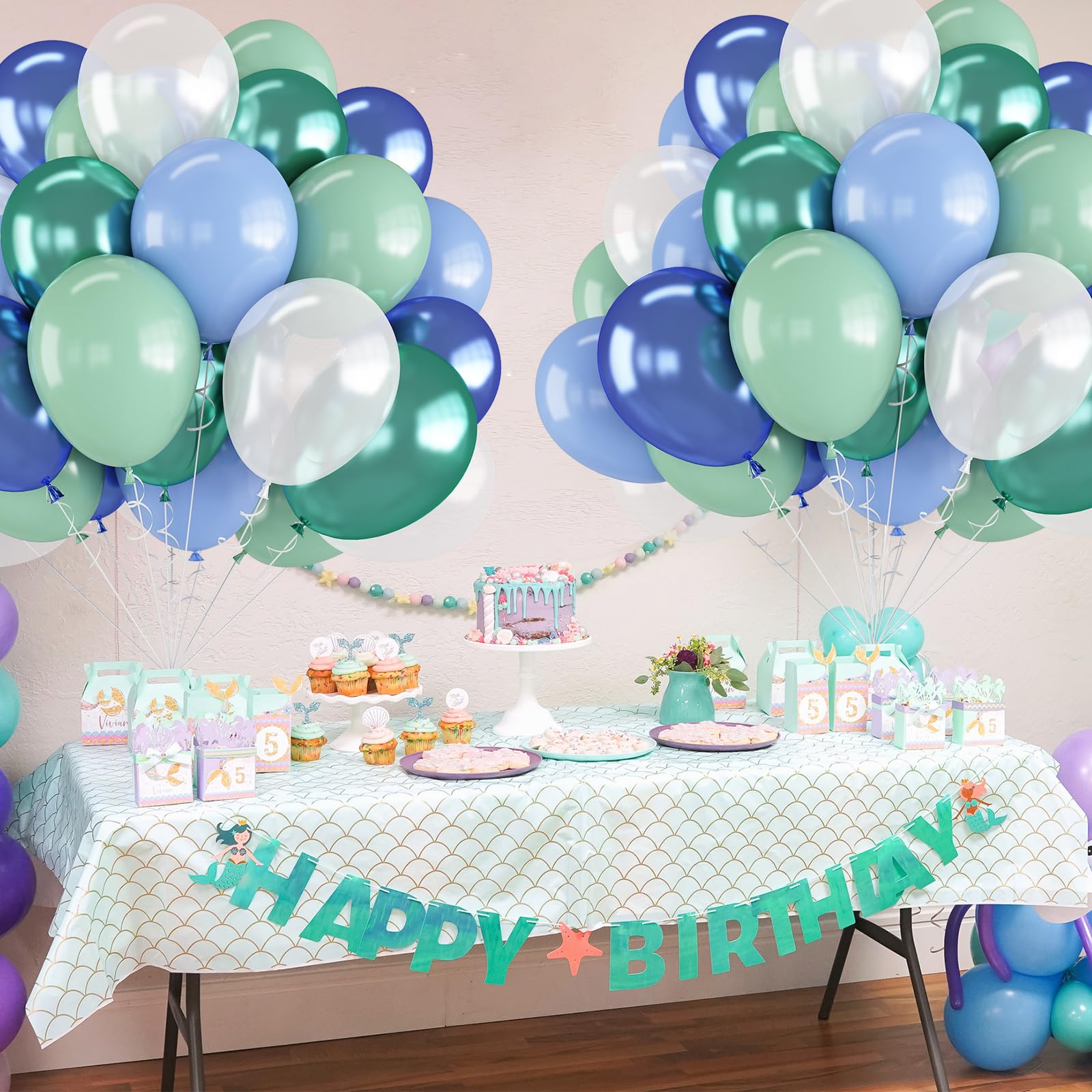 Isndare Green Blue White Balloons – 60pc Set, 12in Ocean Theme Balloons for Under-the-Sea Parties