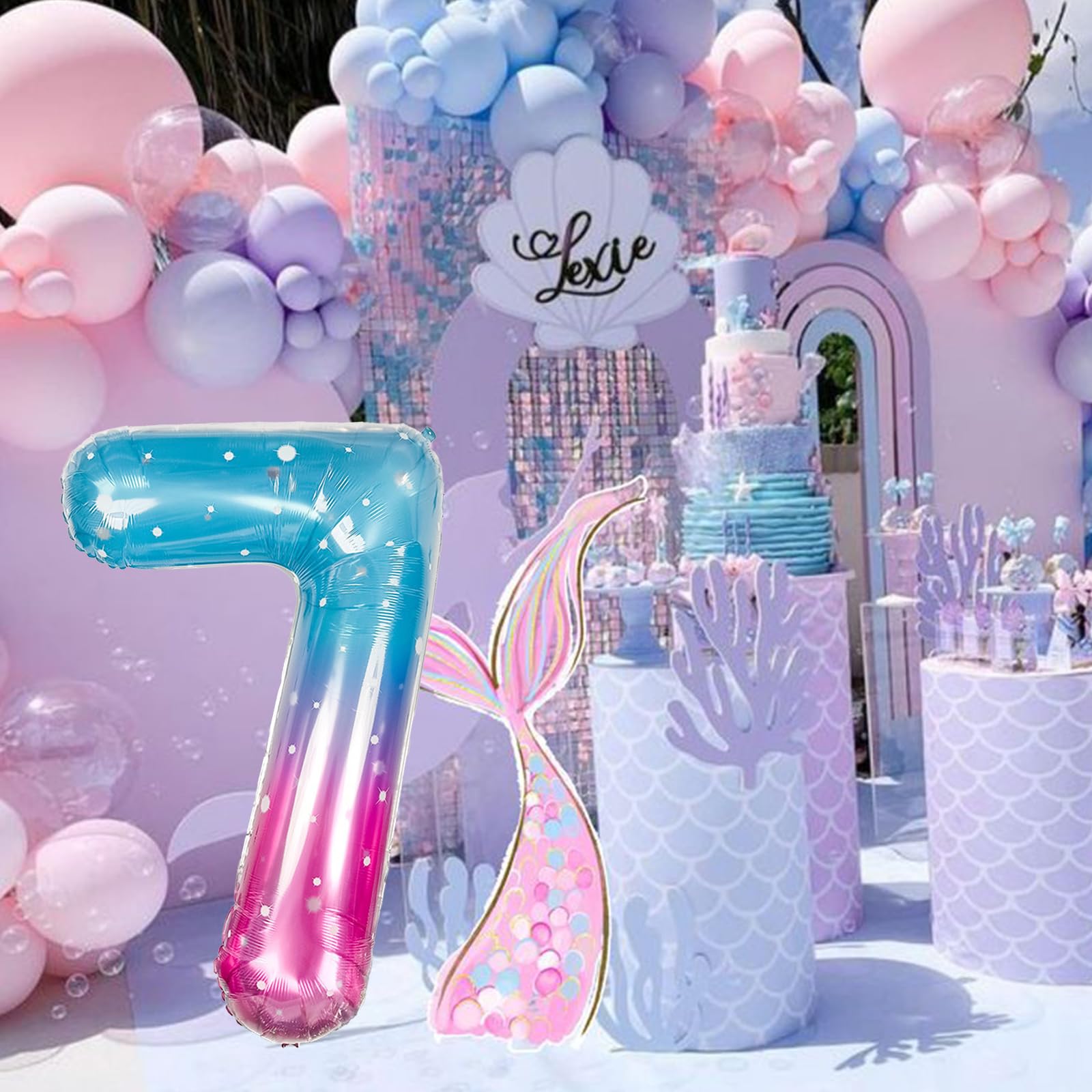 Isndare 40 Inch Mermaid Number 7 Balloon – Large Blue Pink Mylar Foil Birthday Balloons