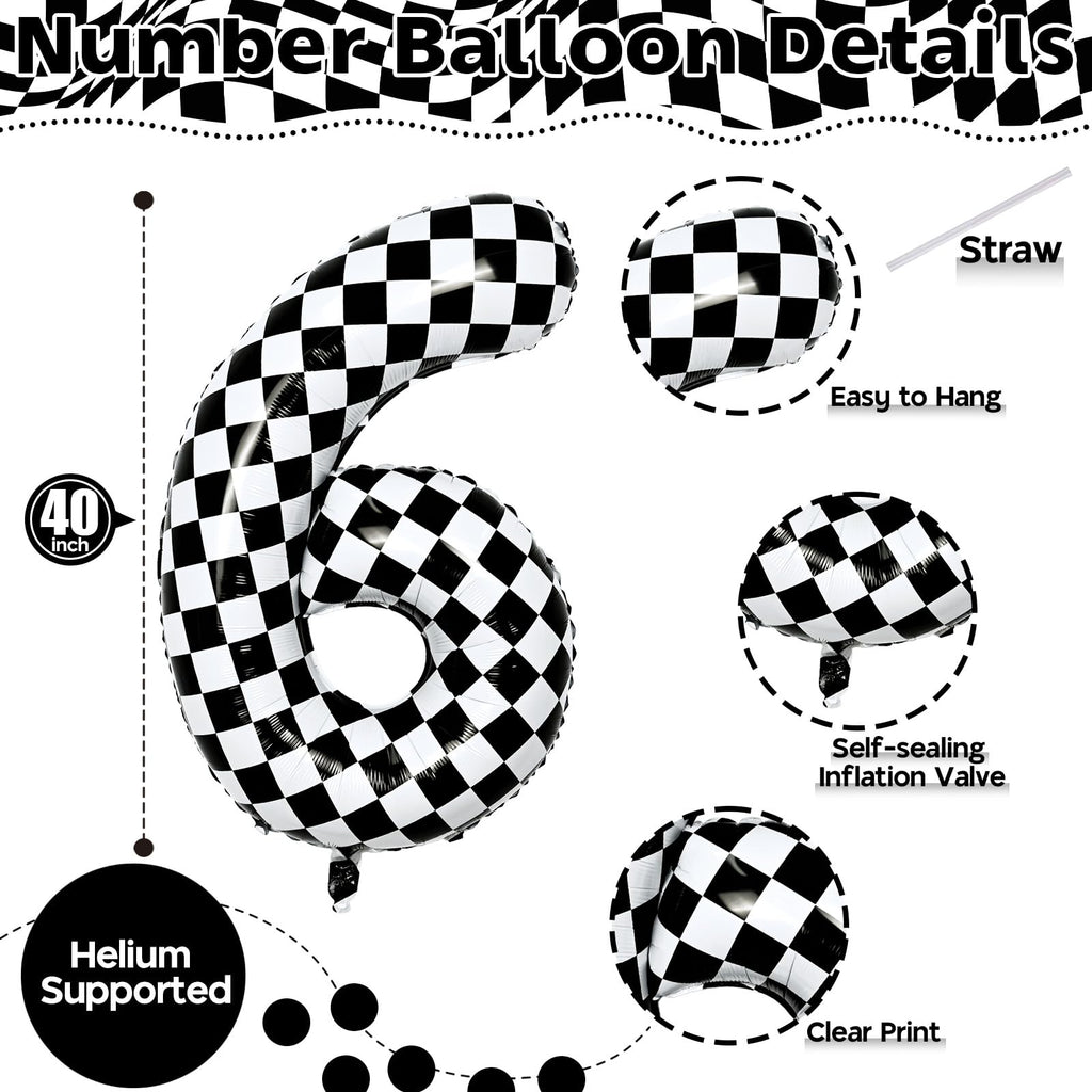 Isndare Giant Number Balloon 6 (40-inch) – Black & White Checkered Self-Inflating Foil Balloons for Kids' Birthday Party