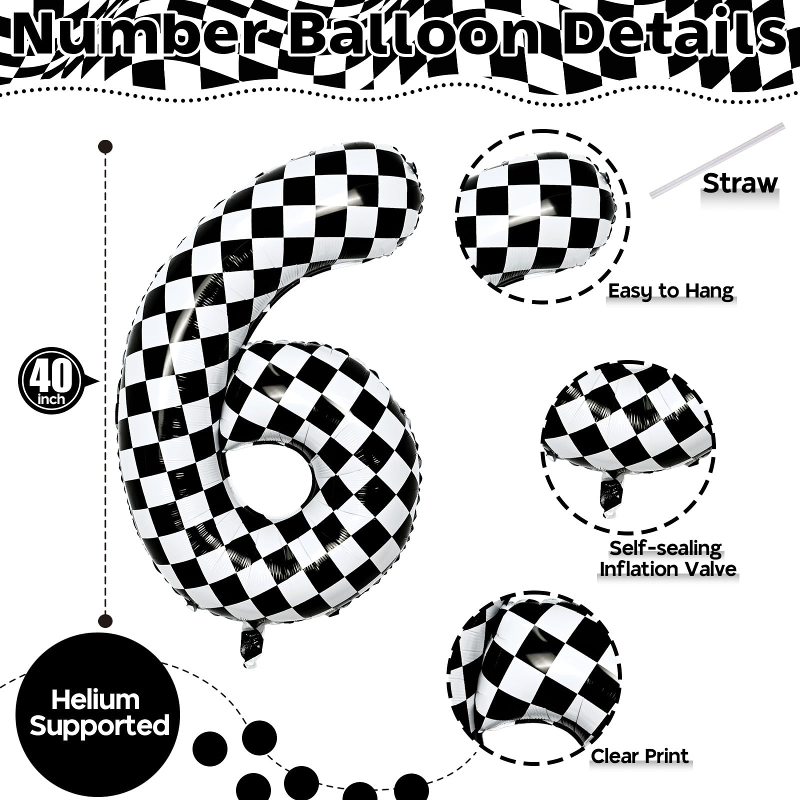 Isndare Giant Number Balloon 6 (40-inch) – Black & White Checkered Self-Inflating Foil Balloons for Kids' Birthday Party