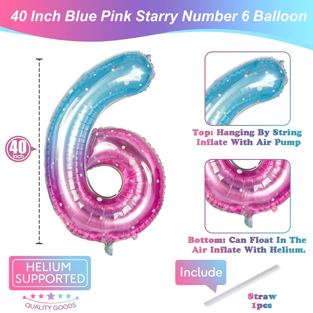 Isndare 40-Inch Mermaid Number 6 Balloon — Blue Pink Foil Party Balloons