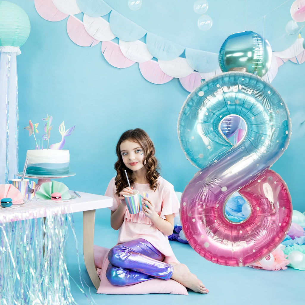 Isndare Purple Teal Number 8 Balloons - 40 Inch Giant Mermaid Starry Mylar Balloon for Birthdays & Celebrations