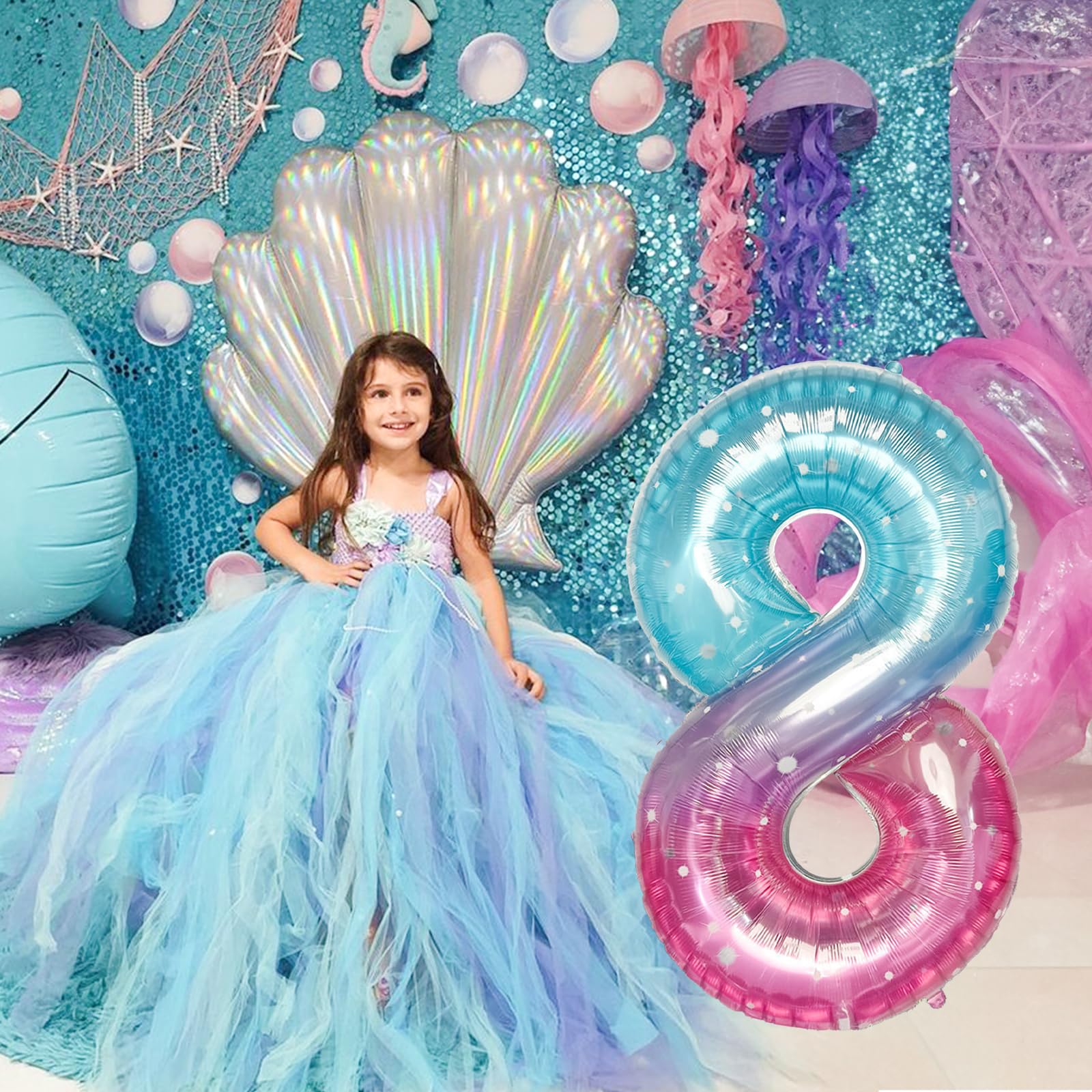 Isndare Purple Teal Number 8 Balloons - 40 Inch Giant Mermaid Starry Mylar Balloon for Birthdays & Celebrations