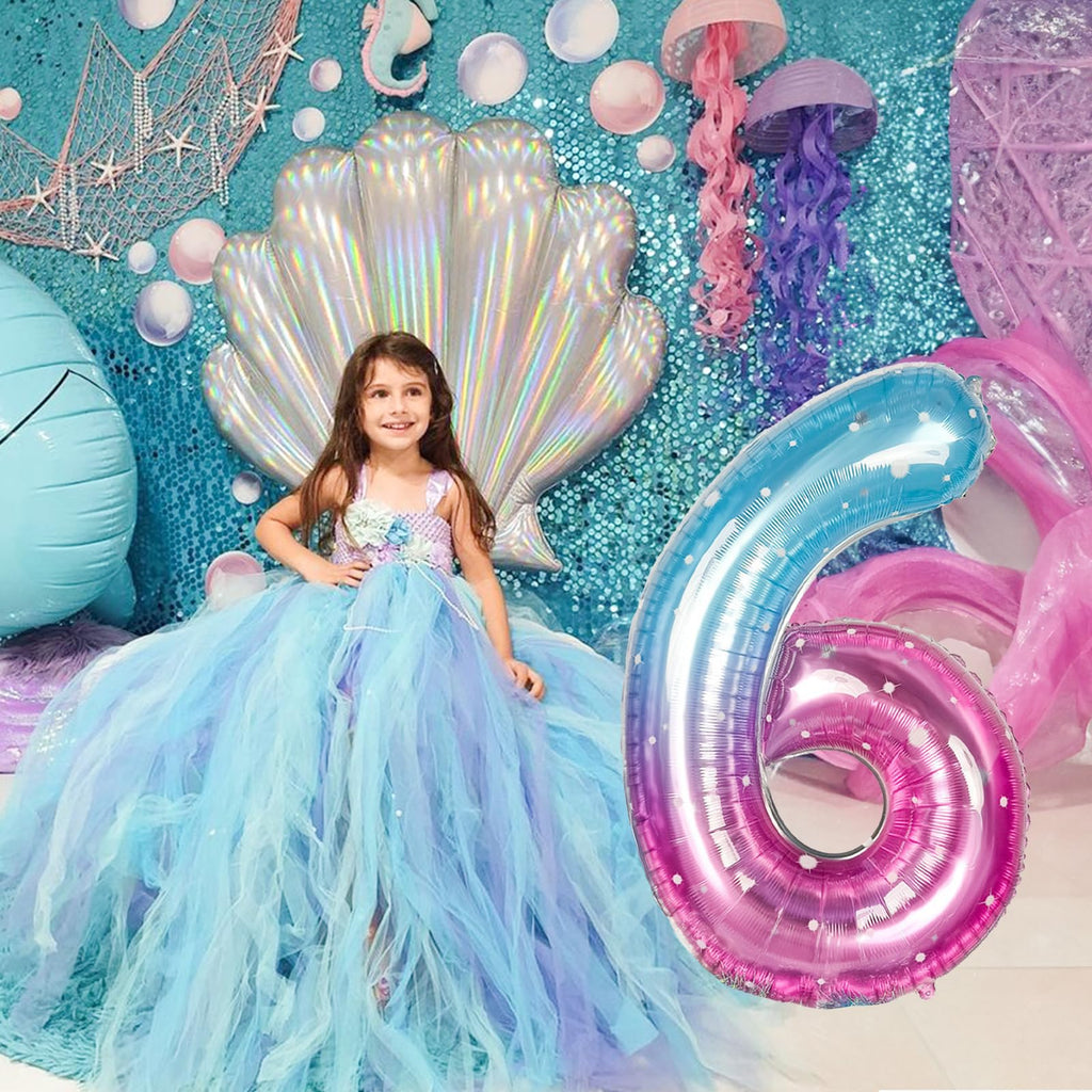 Isndare 40-Inch Mermaid Number 6 Balloon — Blue Pink Foil Party Balloons