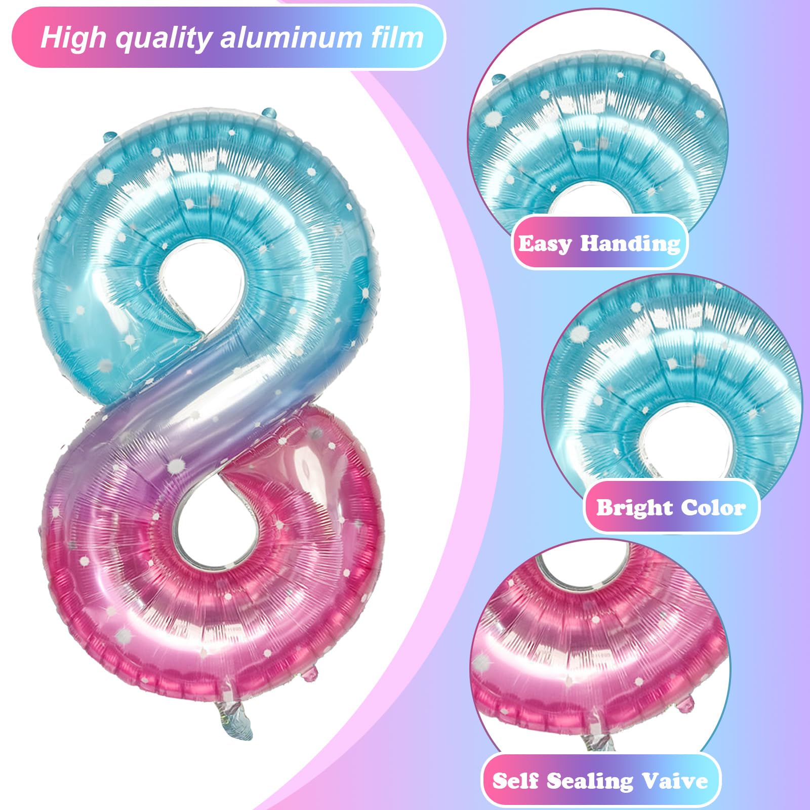 Isndare Purple Teal Number 8 Balloons - 40 Inch Giant Mermaid Starry Mylar Balloon for Birthdays & Celebrations