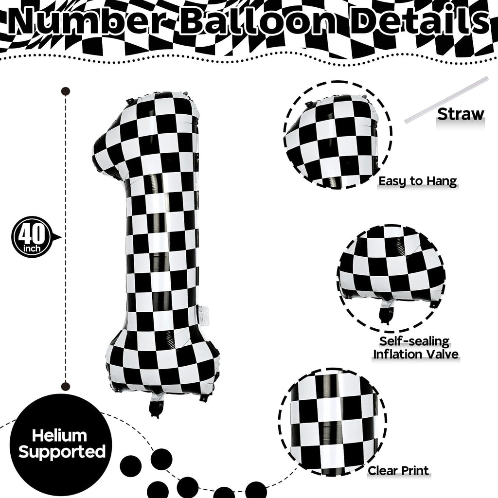 Isndare Checkered Number 1 Balloon - 40-Inch Self-Inflating Foil Birthday Balloons
