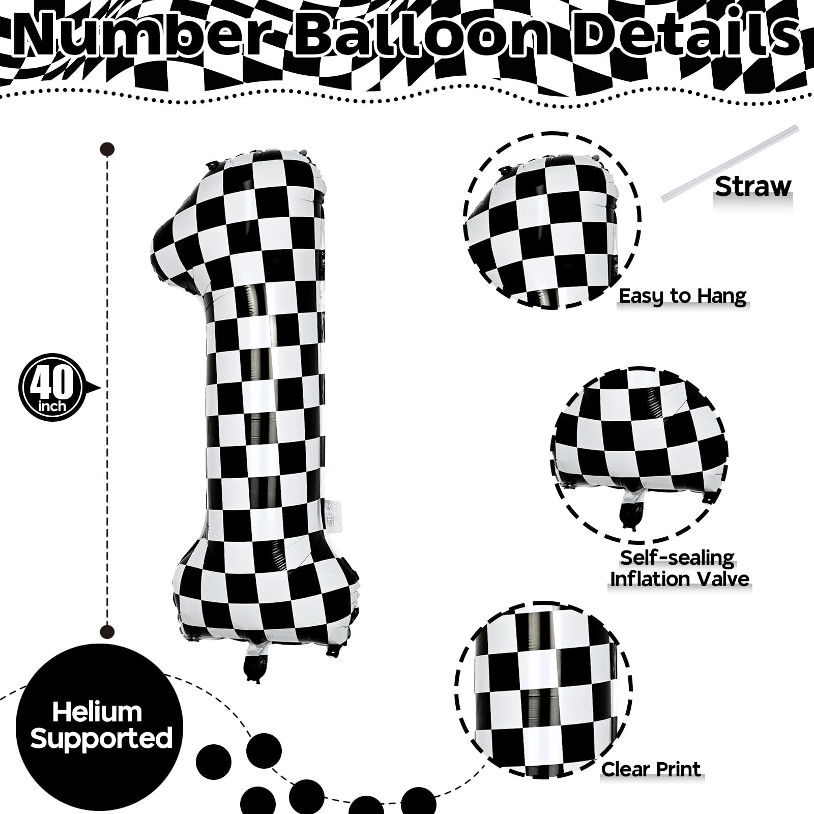 Isndare Checkered Number 1 Balloon - 40-Inch Self-Inflating Foil Birthday Balloons