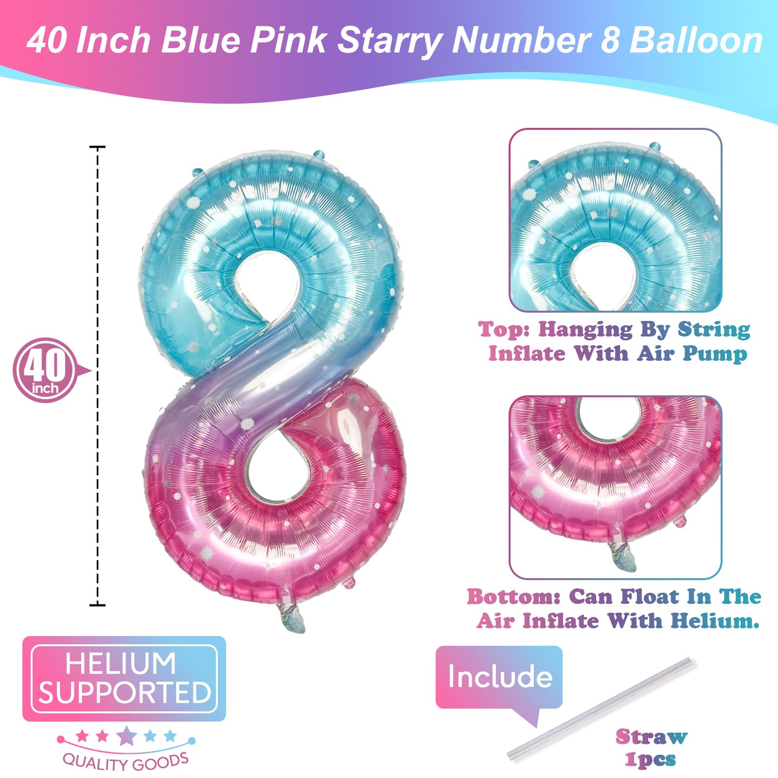Isndare Purple Teal Number 8 Balloons - 40 Inch Giant Mermaid Starry Mylar Balloon for Birthdays & Celebrations