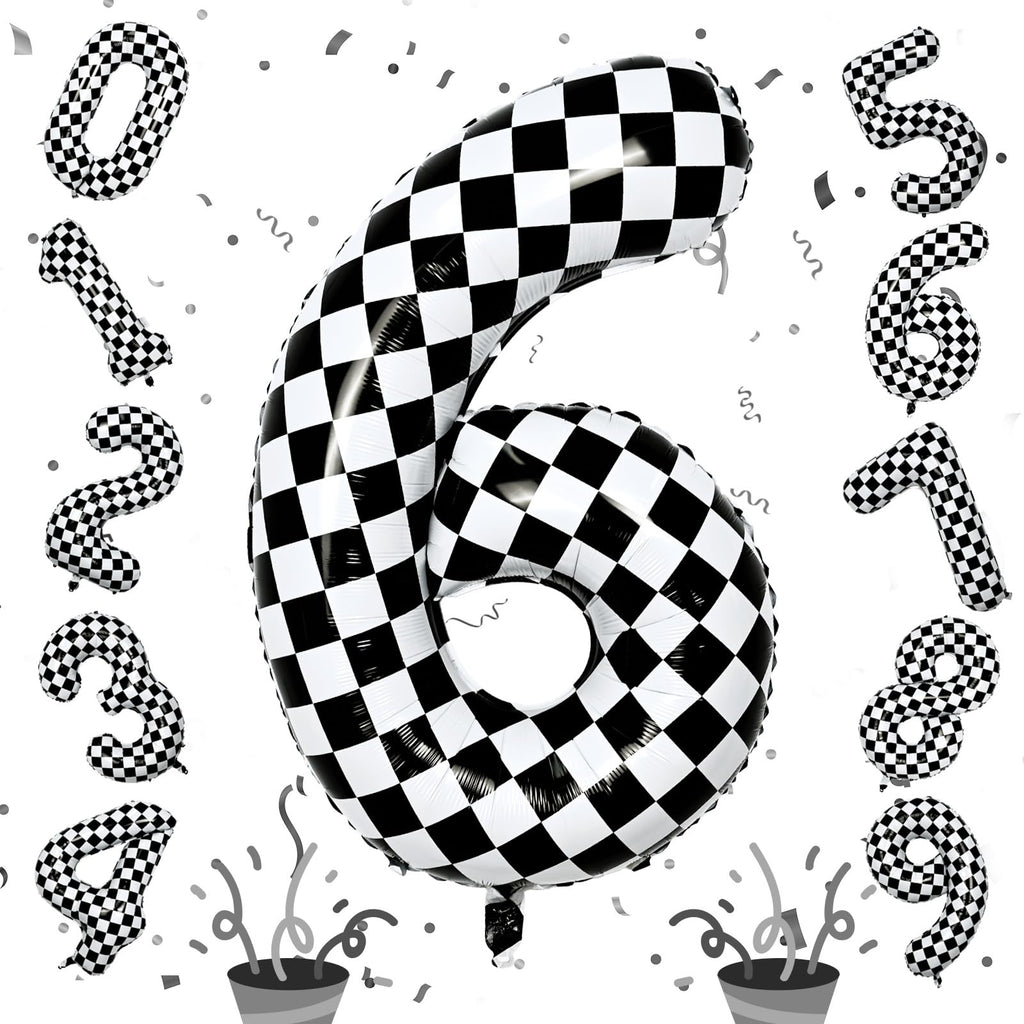 Isndare Giant Number Balloon 6 (40-inch) – Black & White Checkered Self-Inflating Foil Balloons for Kids' Birthday Party
