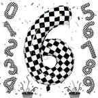 Isndare Giant Number Balloon 6 (40-inch) – Black & White Checkered Self-Inflating Foil Balloons for Kids' Birthday Party
