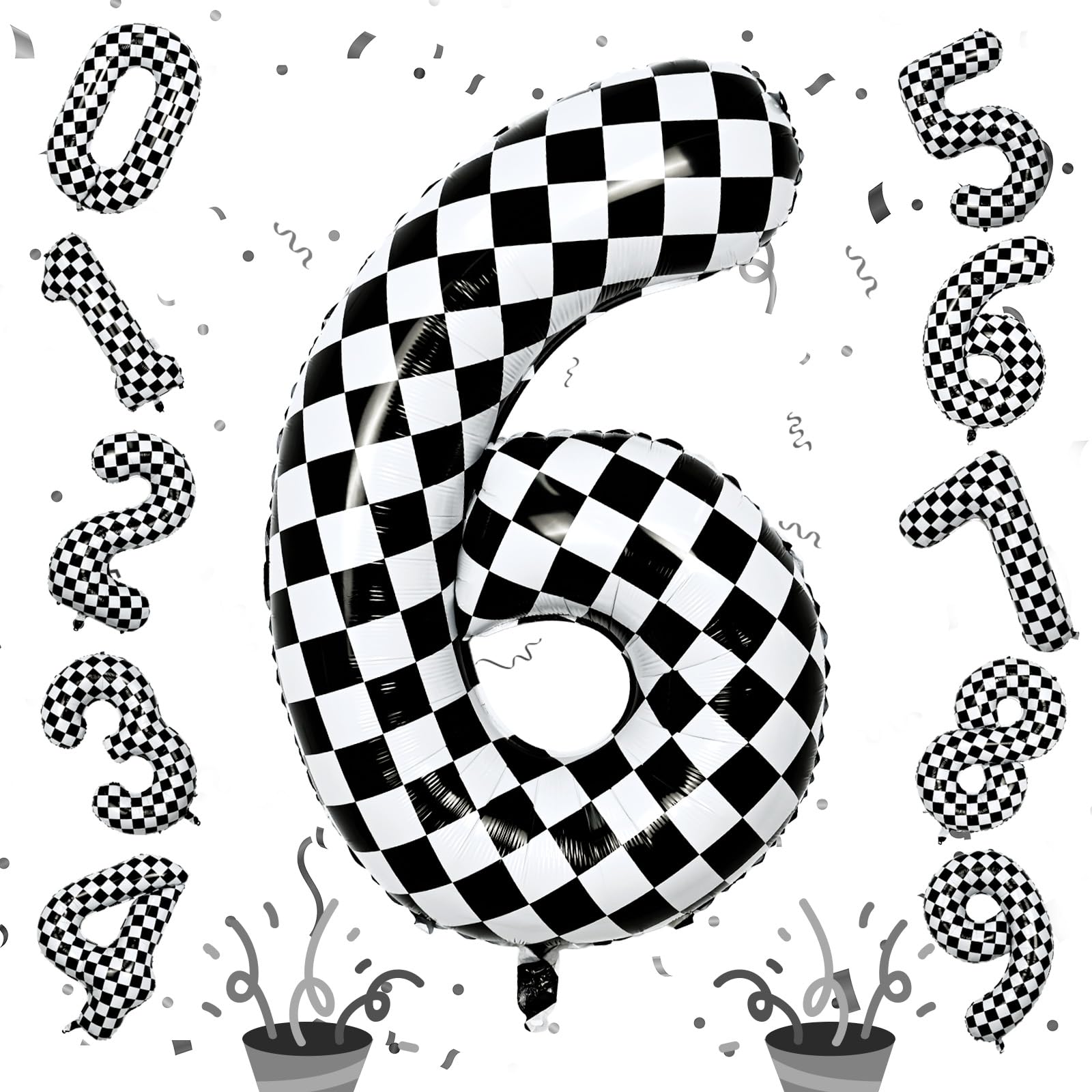 Isndare Giant Number Balloon 6 (40-inch) – Black & White Checkered Self-Inflating Foil Balloons for Kids' Birthday Party