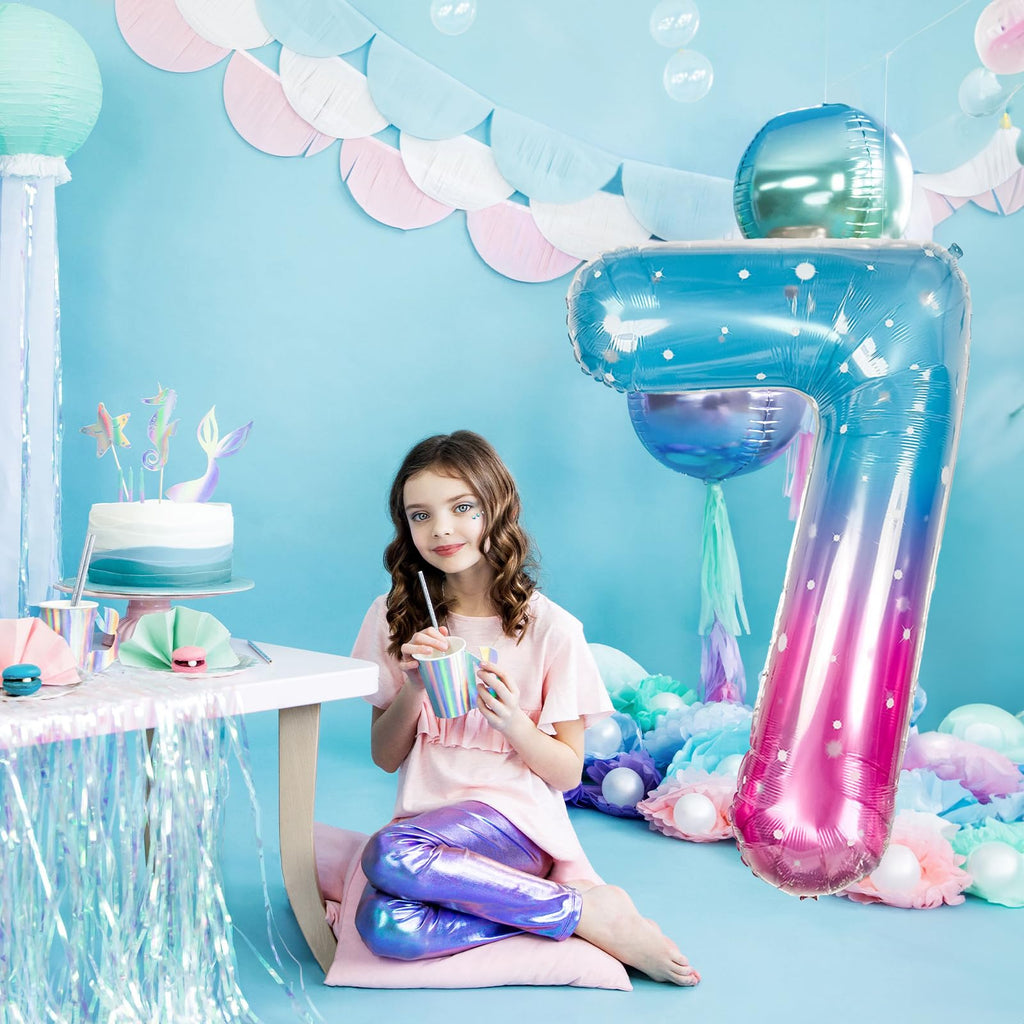 Isndare 40 Inch Mermaid Number 7 Balloon – Large Blue Pink Mylar Foil Birthday Balloons