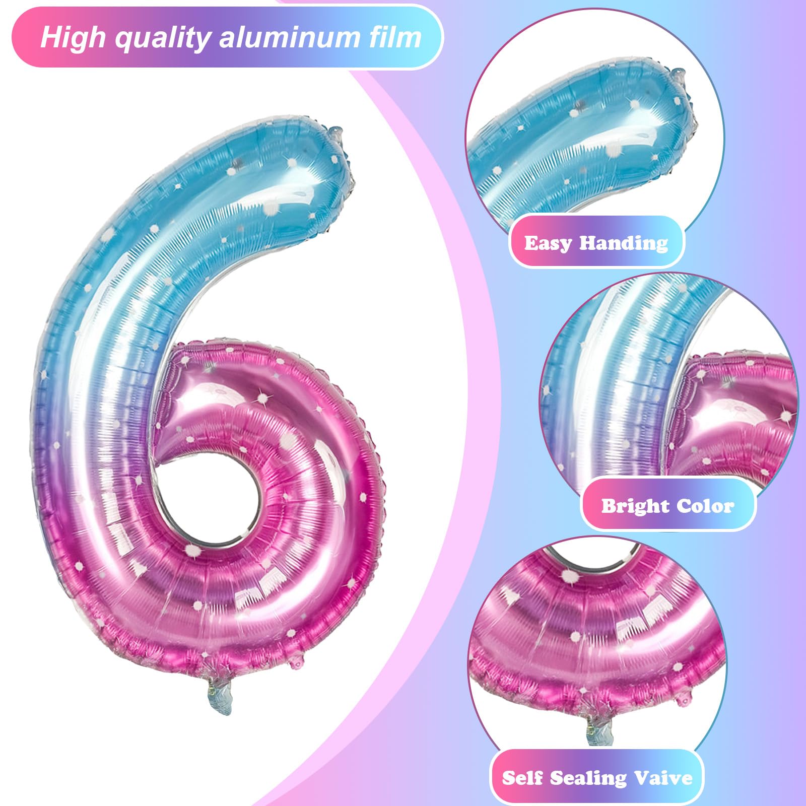 Isndare 40-Inch Mermaid Number 6 Balloon — Blue Pink Foil Party Balloons